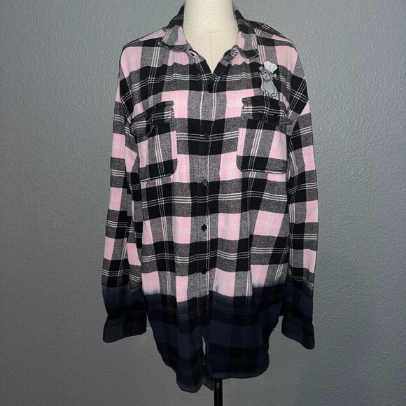 DISNEY LA RATATOUILLE REMY Plaid Flannel Button Down Pink & Black Ombre Shirt  L - Picture 1 of 13